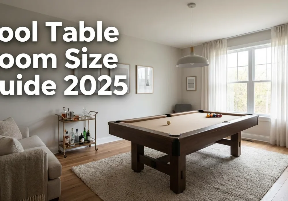 ビリヤード台を備えたモダンなゲームルーム。適切な部屋のサイズとクリアランスを示しています。.